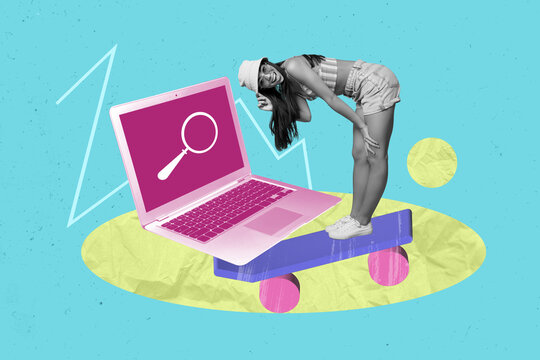 Creative photo illustration collage of funny young girl riding skateboard and searching information use google isolated on blue background - Powered by Adobe