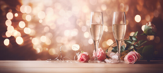 Two glasses of champagne over blur spots golden decoration lights background.