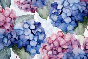 Hydrangea flowers in watercolor with a patterned wallpaper. Generative AI