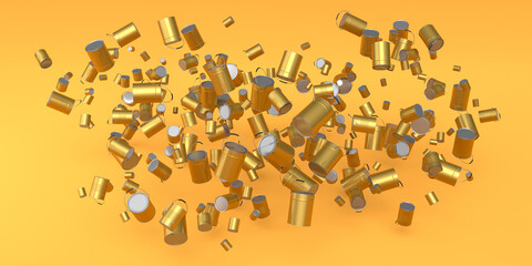 Many of flying metal cans or buckets on yellow background.