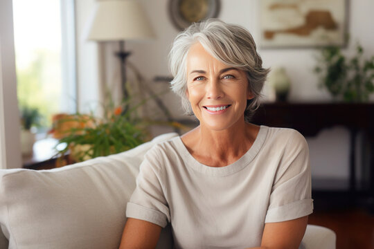 Lonely smiling middle-aged woman with short hair sitting on sofa at home in living room