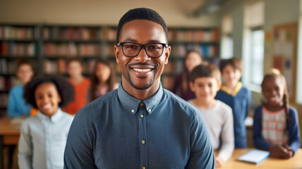 Fototapeta premium smiling black male teacher in a class at elementary school