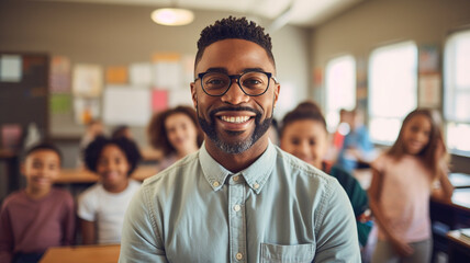 smiling black male teacher in a class at elementary school