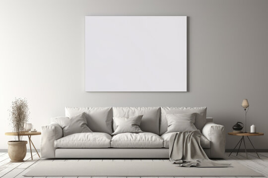 Domestic and cozy interior of living room with mock up poster frame