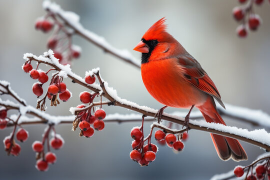 A close-up of a red cardinal perched on a snow-covered branch, adding a pop of color to the serene winter landscape.