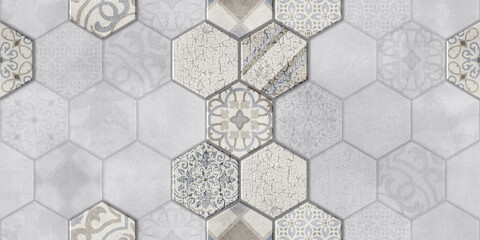 Seamless vintage pattern with scuff effect. Patchwork tiles. Hand-drawn seamless abstract tile pattern. Tile Azulejos patchwork. Portuguese and Spanish décor. Hexagon pattern - obrazy, fototapety, plakaty