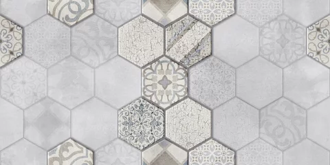 Deurstickers Seamless vintage pattern with scuff effect. Patchwork tiles. Hand-drawn seamless abstract tile pattern. Tile Azulejos patchwork. Portuguese and Spanish décor. Hexagon pattern © Artem