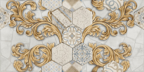 Digital colorful wall tile design for washroom and kitchen. Marble seamless background with geometric shapes, baroque renaissance monogram floral ornament, leaf scroll engraving retro floral pattern. 