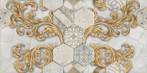 Gordijnen Digital colorful wall tile design for washroom and kitchen. Marble seamless background with geometric shapes, baroque renaissance monogram floral ornament, leaf scroll engraving retro floral pattern.  © Artem
