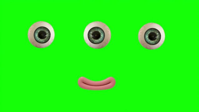 The Funny Three Cartoon Eye Balls and Mouth On Green Screen Background. Facial Expressions 4K Animation.