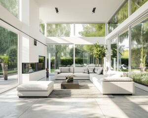 Contemporary Elegance: Modern Living Room with Beautiful Backyard View