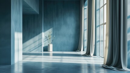 Minimalist Interior Design: 3D Rendering of Empty Room with Blue Wall Texture