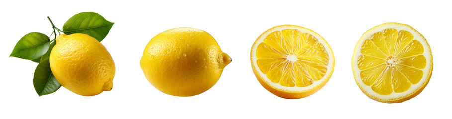 Set of whole, half and slice of lemon fruit with leaves isolated on white background, png