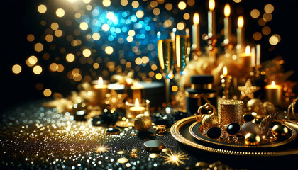 black and gold bokeh, featuring gold and silver elements on a dark background