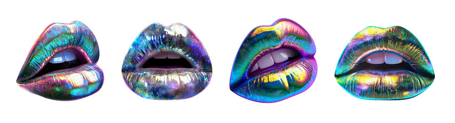 Set of holographic lips on transparent background