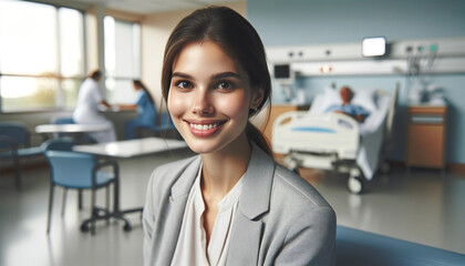 25yearold businesswoman smiling with her hair tied back standing in a hospital