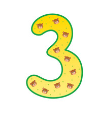Yellow digit three with decor of teddy bears