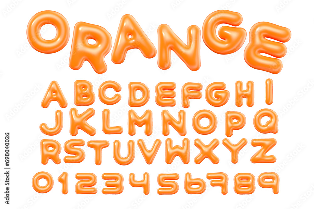 Aufkleber 3d style vector of inflated glossy orange alphabet and numbers on white background