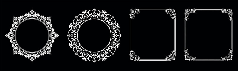 Set of decorative frames Elegant vector element for design in Eastern style, place for text. Floral black and white borders. Lace illustration for invitations and greeting cards. - obrazy, fototapety, plakaty