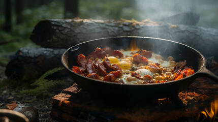 Wilderness Delight: Eggs and Bacon on Open Flame, Generative AI