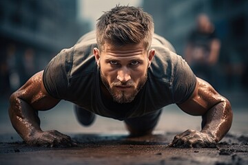 Inspirational shot of a determined athlete pushing his limits during intense training and push-ups, sports motivation