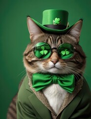 the cat in the green clover cylinder and glasses st. patrick's day.