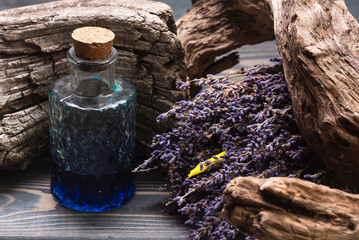 Herbal medicine concept background. Dry natural ingredients and remedy bottle on the wooden table...