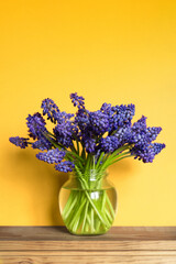  Minimal floral arrangement of a bouquet of blue flowers in a transparent vase on yellow. Happy mother's day, birthday, wedding composition. Blank greeting card, invitation and mockup.