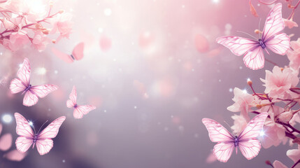 Fototapeta na wymiar Abstract natural spring background with butterflies and light pink dark meadow flowers closeup.