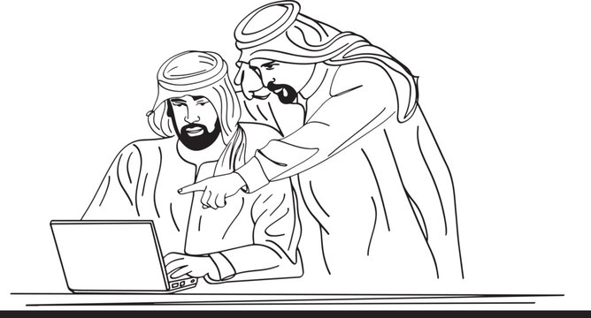 Illustration of successful Arab businessmen using laptop in meeting, Cartoon illustration of Arab businessmen negotiating in traditional attire