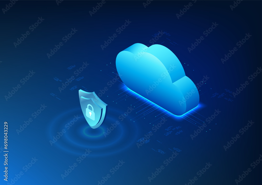 Poster cloud technology in front of the shield represents the storage of data in the cloud. it is a system 