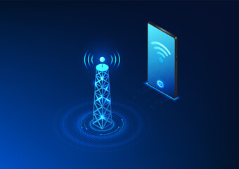 Transmission tower technology, Signal antenna that goes into smartphones that receive internet signals Give your mobile phone access to communications and cyber data at all times. - obrazy, fototapety, plakaty