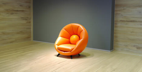modern round arm chair in orange color with black legs.