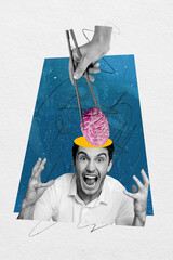 Creative trend collage of zombie man hand hold chopsticks brain news influence control propaganda...