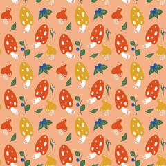 Forest pattern with red and yellow mushrooms, blueberries and leaves. Pattern on beige background
