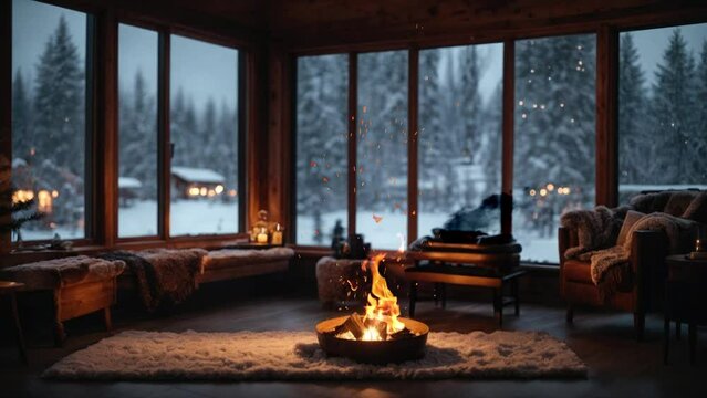 Idea of winter vacation, Propane Fire Pit,  barbecue machine, winter cabin with window view to the snow fall