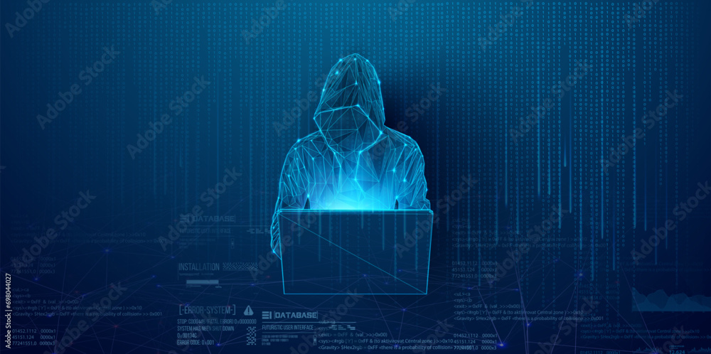 Poster cyber hacker. digital cybersecurity concept with hooded hacker and computer interface on dark backgr