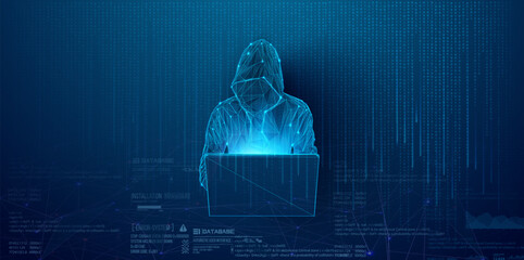 Cyber hacker. Digital Cybersecurity Concept with Hooded Hacker and Computer Interface on Dark Background. Spy anonymous. Fraud security. Laptop silhouette. Vector illustration - obrazy, fototapety, plakaty