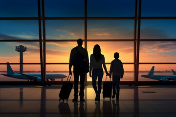 family standing silhouette in airport terminal - obrazy, fototapety, plakaty