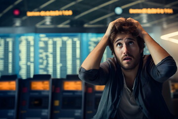 stressed man passenger in airport terminal