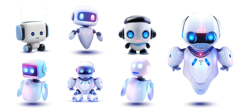 Artificial bot, hand mascot, human and chatbot, intelligence space, artificial AI support technology. Collection of Cute Futuristic Robots in Various Poses on White Background. Vector illustration
