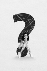 Creative drawing collage picture of young female sit question mark education faq concept black...