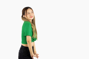 Young asia college girl long hair style in green shirt posing happy face emotional isolated on white background.