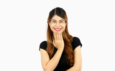 Young asian woman long hair style in black t shirt smiling and looking camera isolated on white plain background.