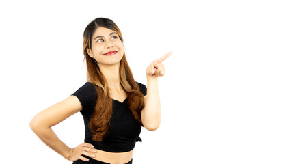 Obraz premium Young asian woman long hair style posing finger pointing for your text copy space isolated on white background.