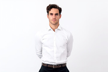 Fototapeta premium Young male confident businessman, white background isolate. Successful professional in suit, tie, entrepreneur.