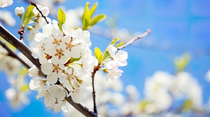 Fototapeta premium White cherry, apple blossom on tree branch. Blue sky background, blurred clouds. Card for spring, celebration of new season.