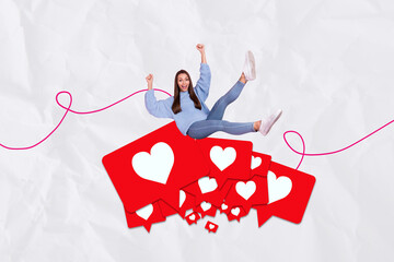 3d abstract artwork collage of lucky excited lady celebrating getting positive feedback isolated...