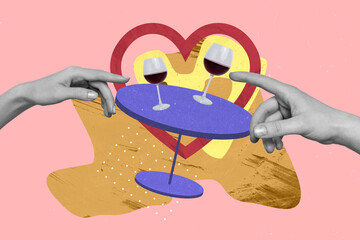 Artwork collage of two black white effect people arms reach connect fingers mini restaurant table wine glass isolated on pink background