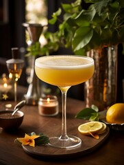 Sidecar cocktail in bar glass with lemon, mint, glass.